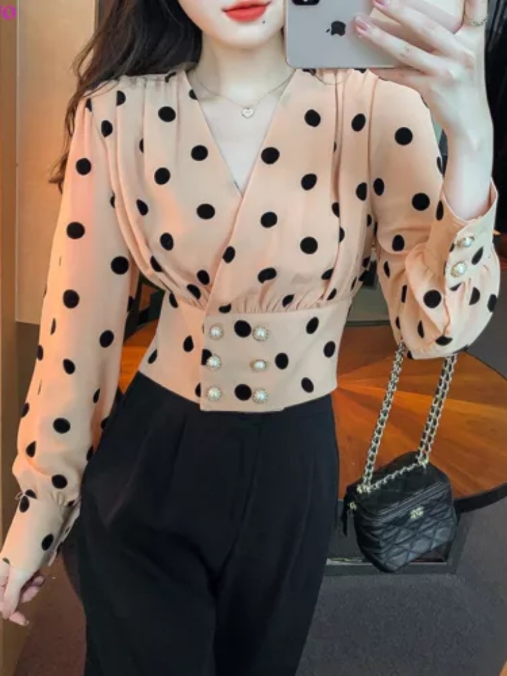 Autumn Women's Polka Dot Slim Waist Crop Top Business Workwear Blouse Shirts